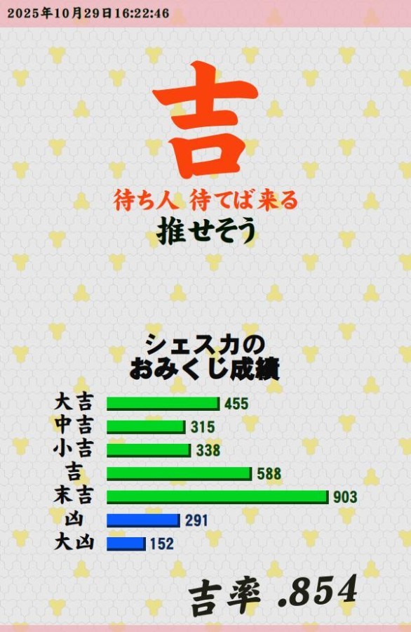 今日のおみくじ！<br />
<a style="text-decoration: none;" href="https://p.eagate.573.jp/gate/e/toomikuji.html?from=article">https://p.eagate.573.jp/gate/e/toomikuji.html?from=article</a>